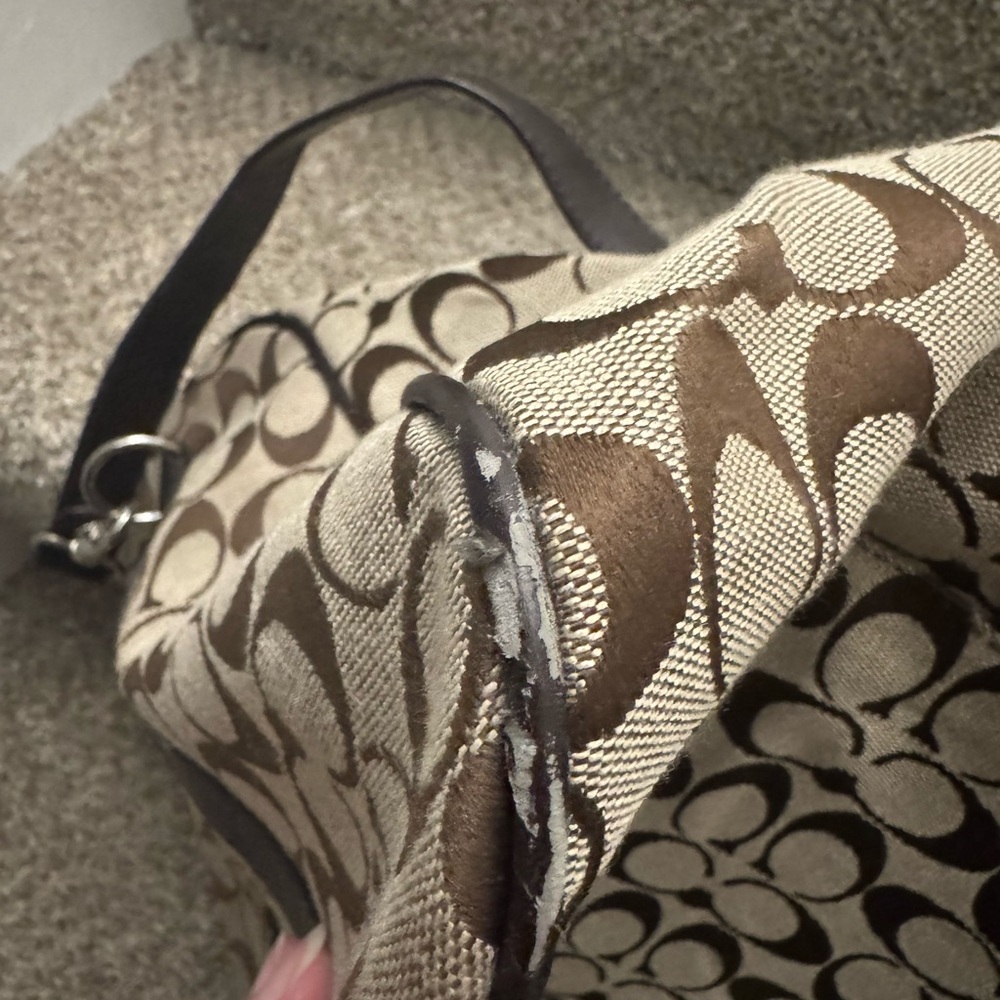 Coach duffle bag khaki/brown w/strap slight wear/tear. - Picture 11 of 14